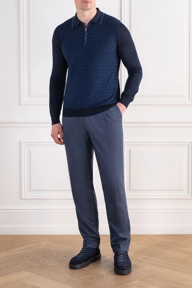 Zilli navy blue cashmere and silk long sleeve polo with textured cables 197437 - photo 2