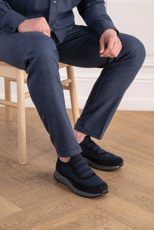 Doucal`s men's blue knit sneakers with velvety suede inserts 197555 - photo 2