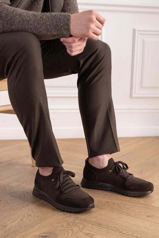 Doucal`s men's chocolate knit sneakers with suede overlays 197570 - photo 2