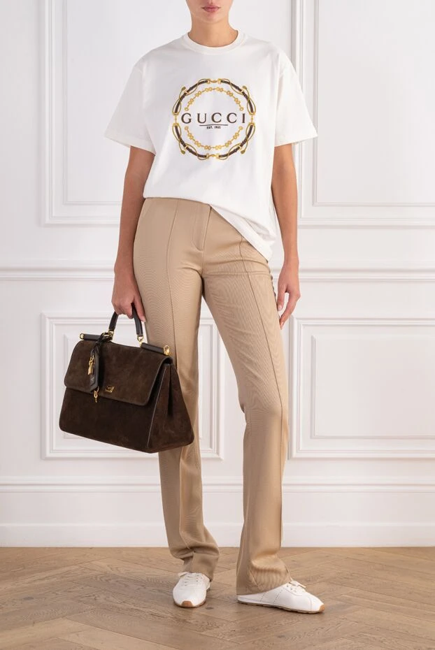 Gucci дөңгелек бедерлі логотипі бар әйелдерге арналған ақ мақта футболкасы 197638 - фото 2