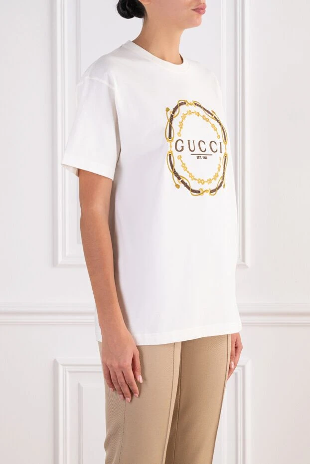 Gucci дөңгелек бедерлі логотипі бар әйелдерге арналған ақ мақта футболкасы 197638 - фото 3
