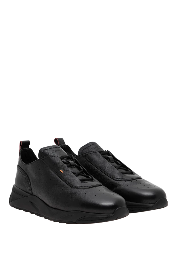 Santoni low-profile black leather sneakers with perforations on genuine fur 197653 - photo 3
