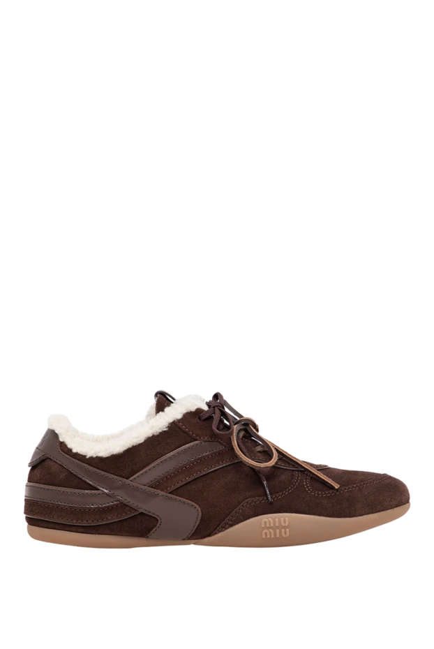 Miu Miu кроссовки из шоколадной замши на меху с фирменным тиснением бренда 197739 - фото 1