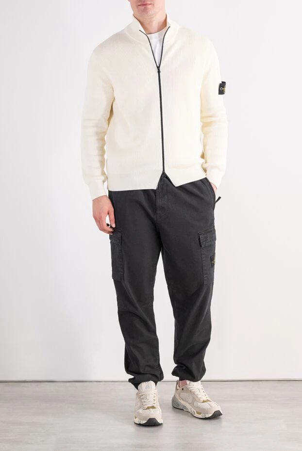 Stone Island вязаный кардиган в рубчик белого цвета с патчем 197766 - photo 2