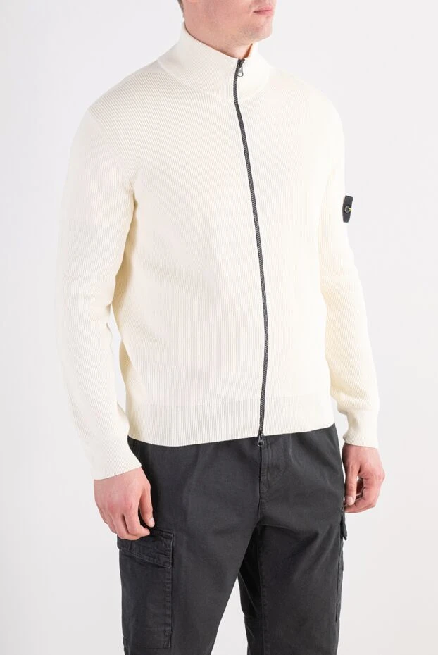 Stone Island вязаный кардиган в рубчик белого цвета с патчем 197766 - photo 3