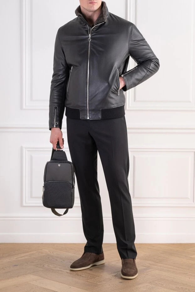 Leather winter bomber jacket with fur lining and high collar - photo 2