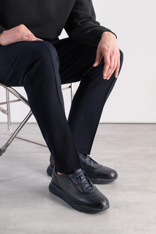 Men's dark blue leather sneakers with hidden lacing - photo 2