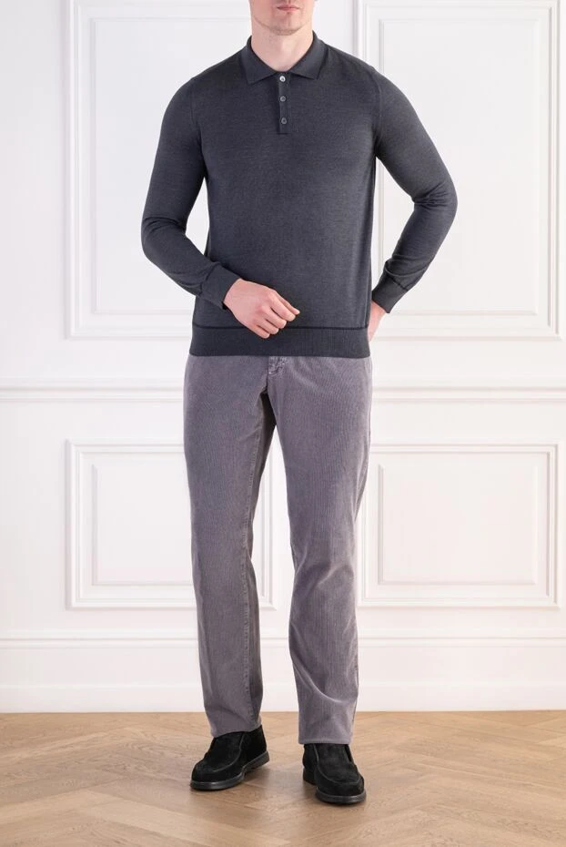 Zilli dark grey men's long sleeve knit polo shirt with crocodile trim on the collar 197924 - photo 2