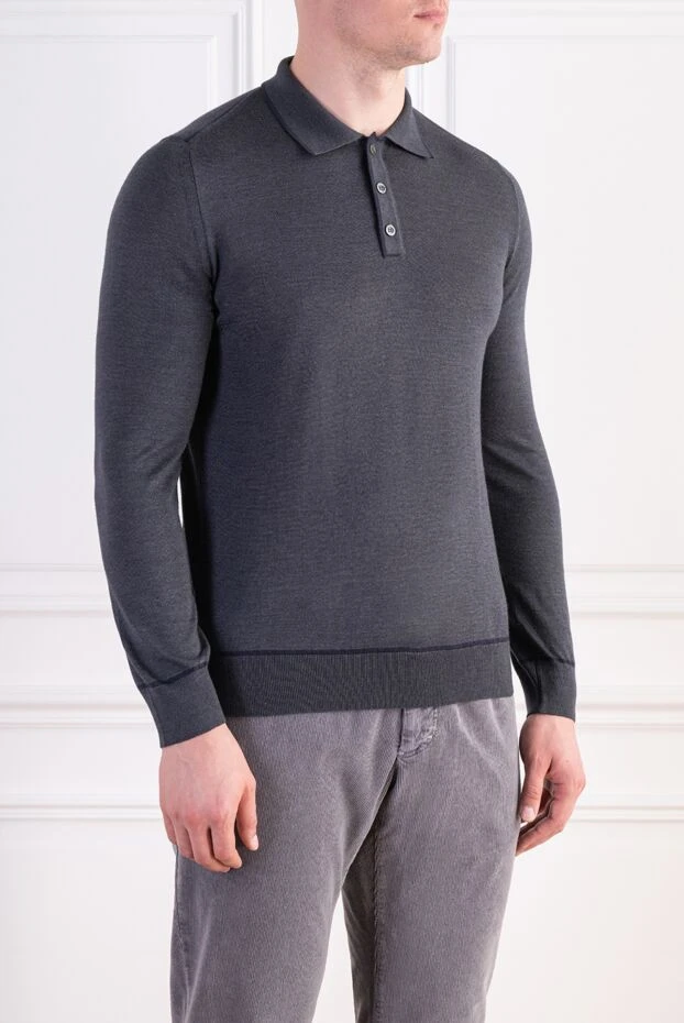 Zilli dark grey men's long sleeve knit polo shirt with crocodile trim on the collar 197924 - photo 3