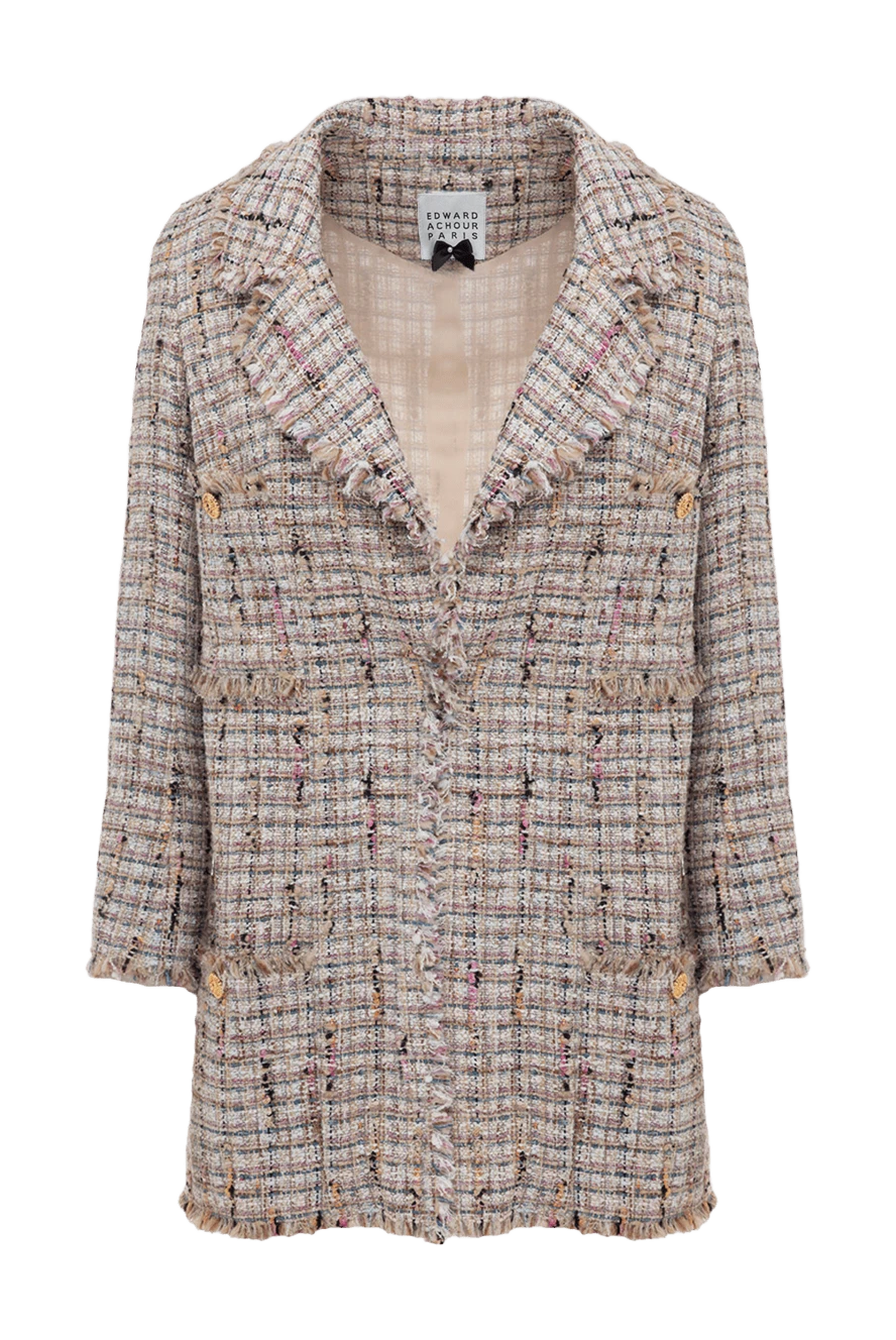 Edward Achour Paris твидовый бежевый жакет женский в клетку с бахромой 141828 - фото 1