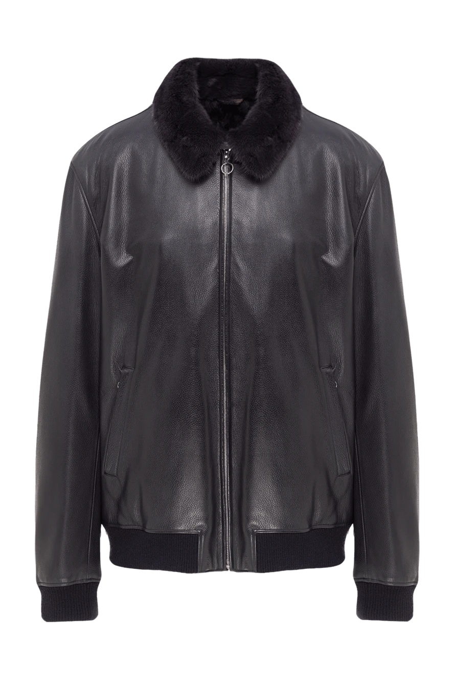 Seraphin ерлерге арналған қайырмалы аң терілі жаға қосылған аң терісімен былғары көк күртеше 162465 - фото 1