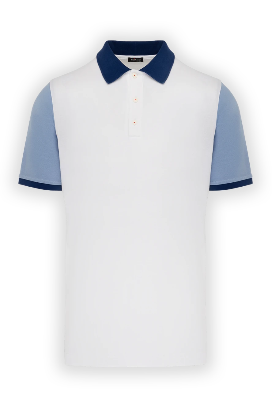 Kiton поло мужское хлопковое белое с голубыми рукавами и синим воротником 178904 - фото 1