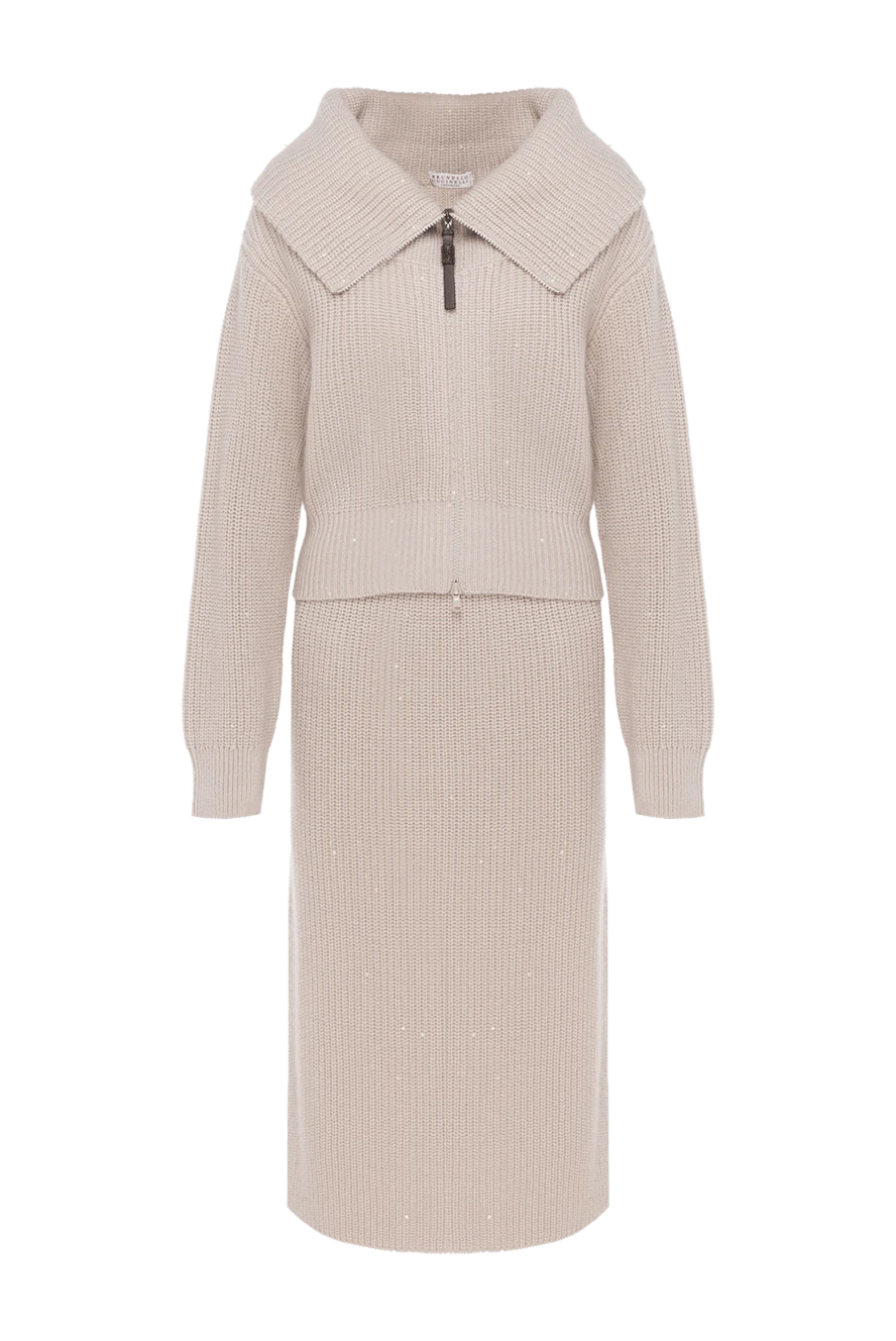 Brunello Cucinelli кең жағасы бар бежевый юбкамен тоқылған костюм 181195 - фото 1