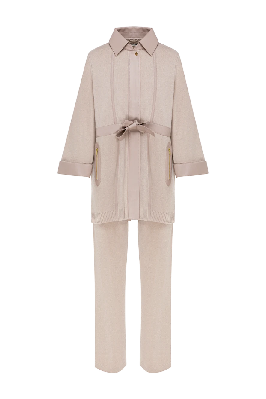 Max&Moi прогулочный бежевый костюм с контрастными кожаными полосками 184826 - фото 1