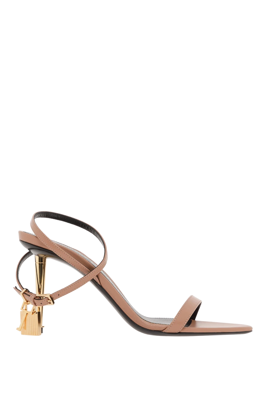 Shiny beige leather high heel lock sandals