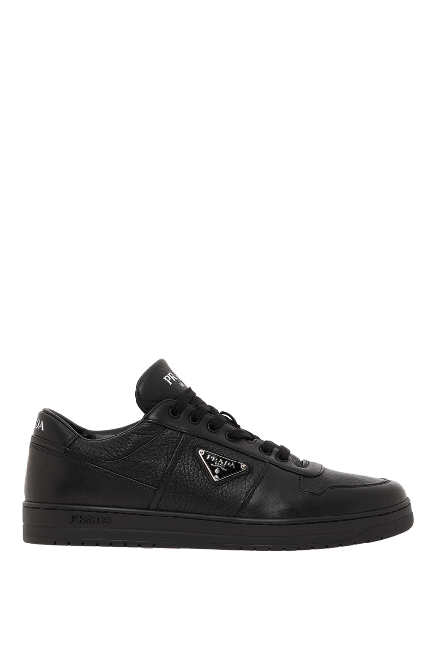 Prada таза былғарыдан жасалған ерлерге арналған логотипі бар кроссовкалар, қара 187877 - фото 1