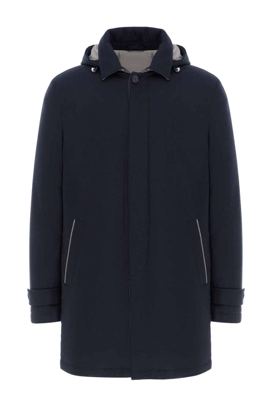 Enrico Mandelli куртка мужская средней длины синяя с капюшоном из шерсти и кашемира 188267 - фото 1
