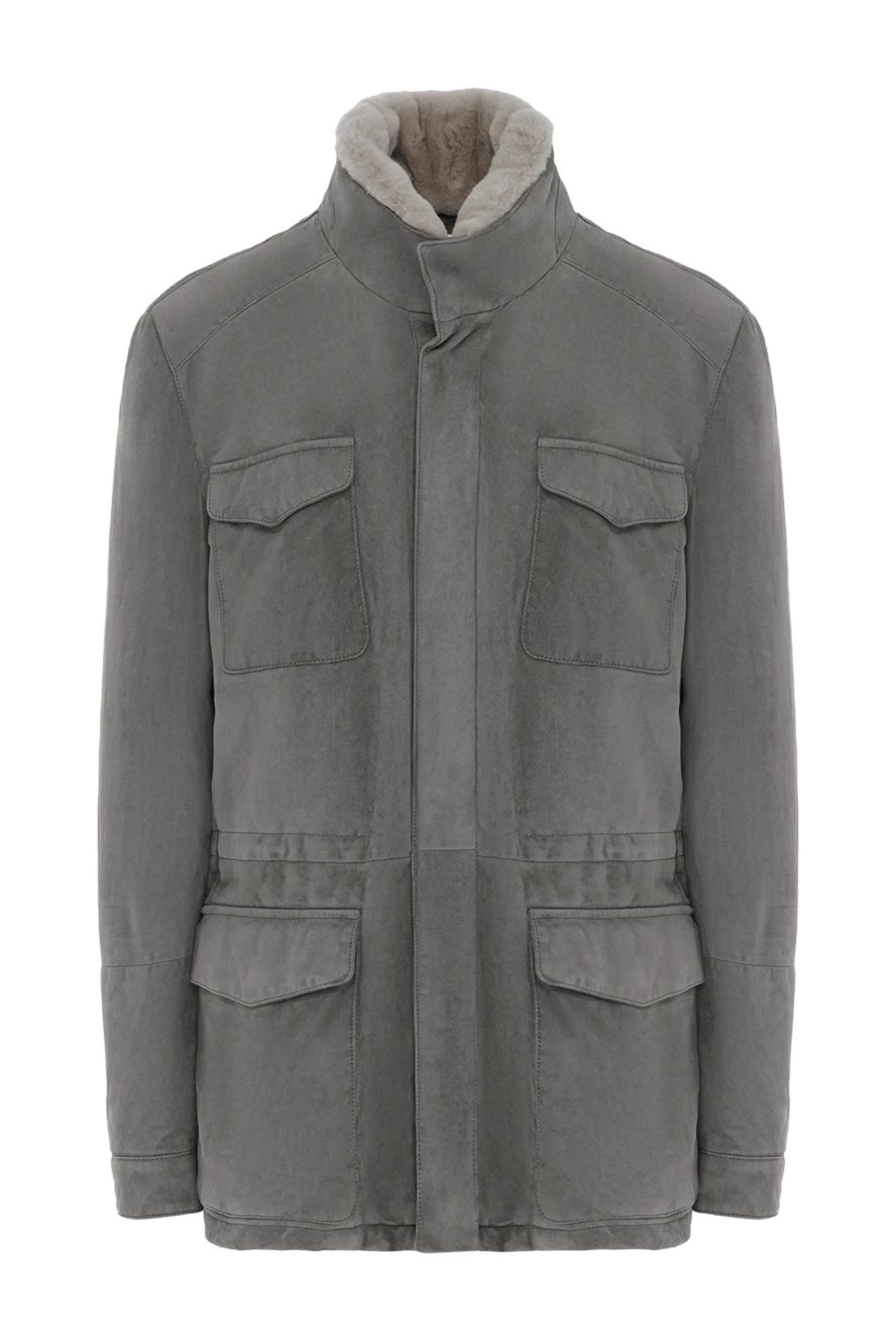 Enrico Mandelli замшевая куртка серого цвета мужская с меховым воротником 188283 - фото 1