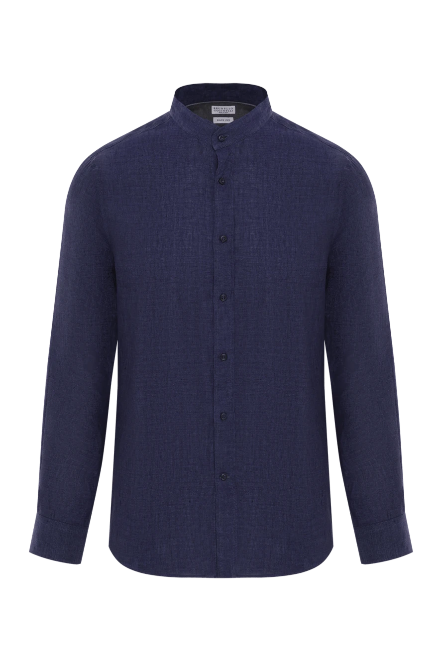Brunello Cucinelli мужская рубашка из льна синяя с воротником стойкой 188728 - фото 1