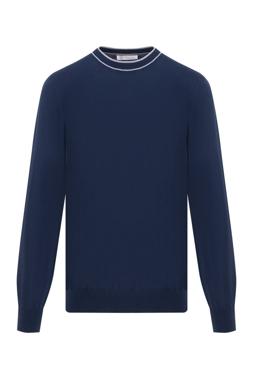 Brunello Cucinelli джемпер из хлопка мужской синий с окантовкой воротника 188749 - фото 1