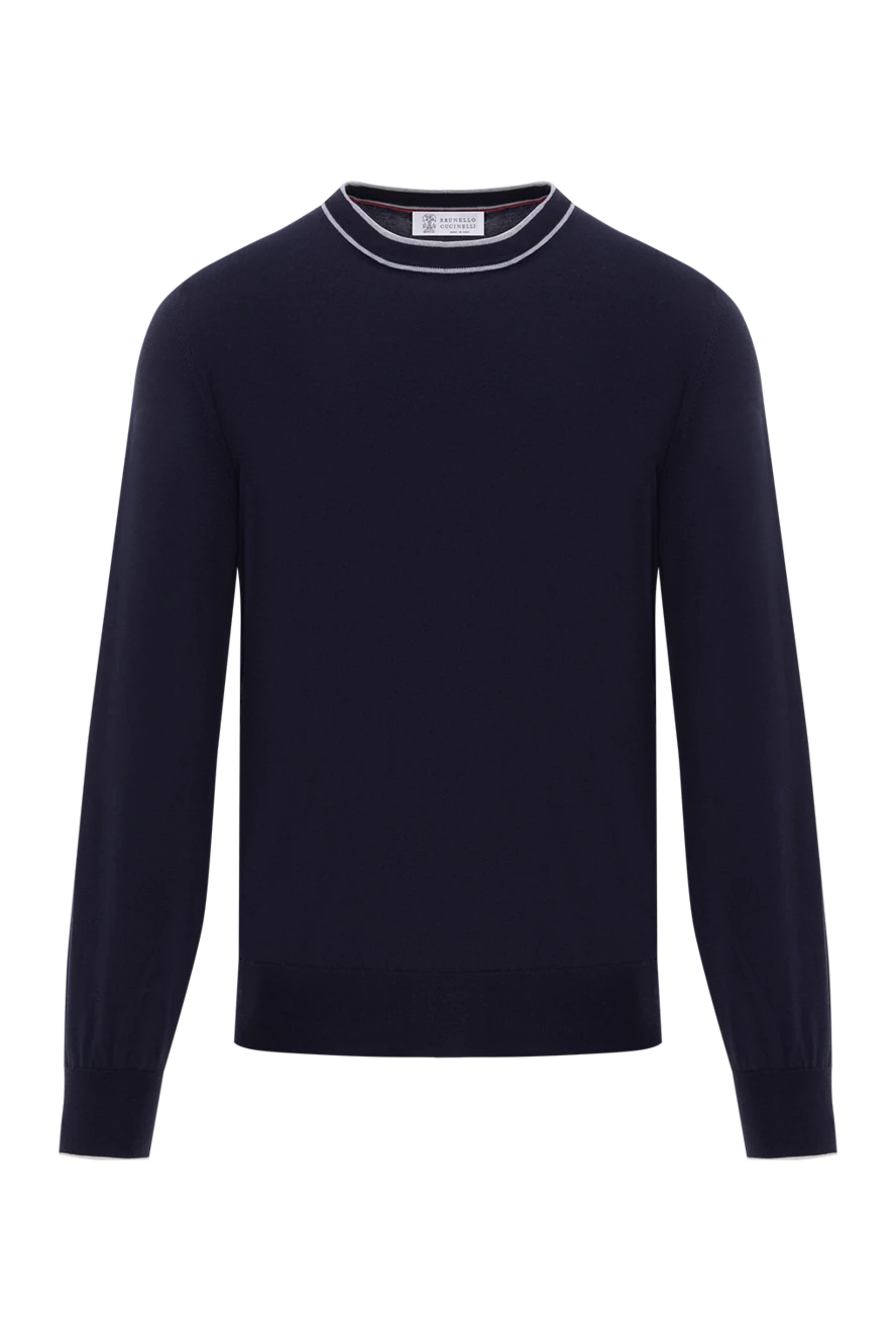 Brunello Cucinelli джемпер из хлопка мужской темно-синий с окантовкой воротника 188750 - фото 1