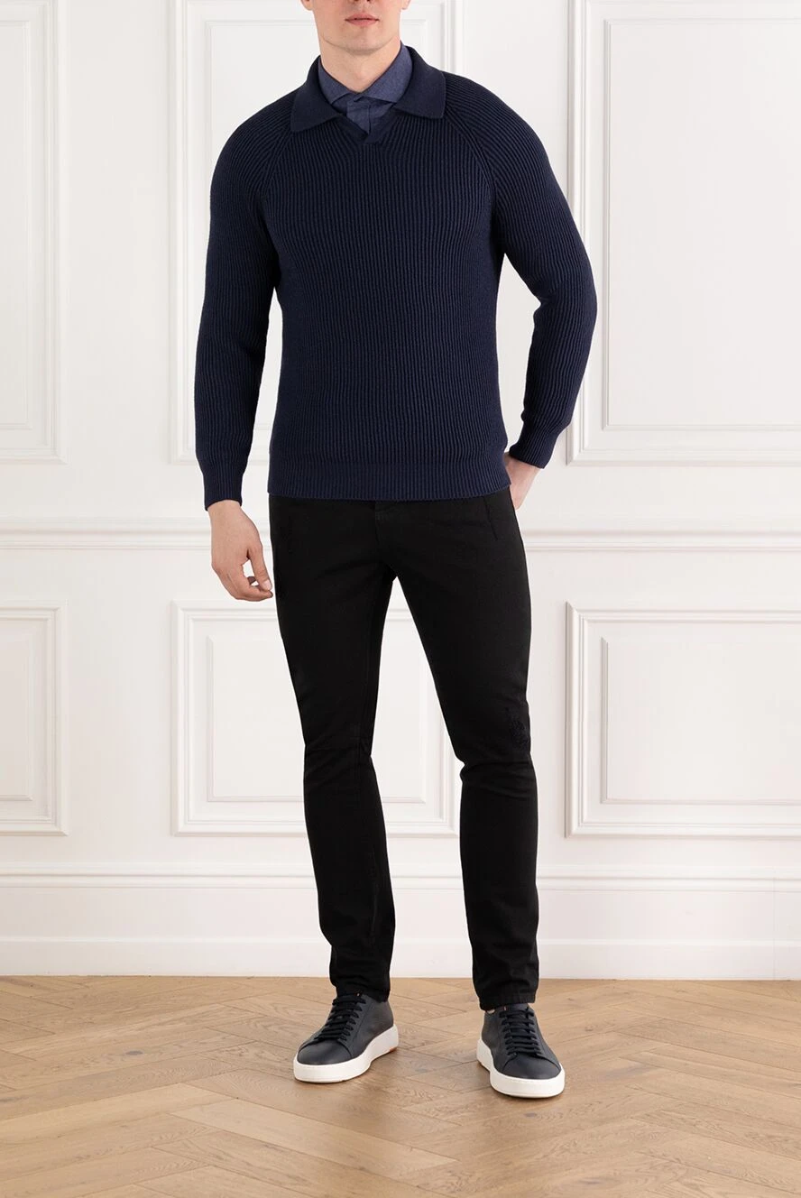 Brunello Cucinelli джемпер синий мужской в рубчик с воротником поло 188773 - фото 1