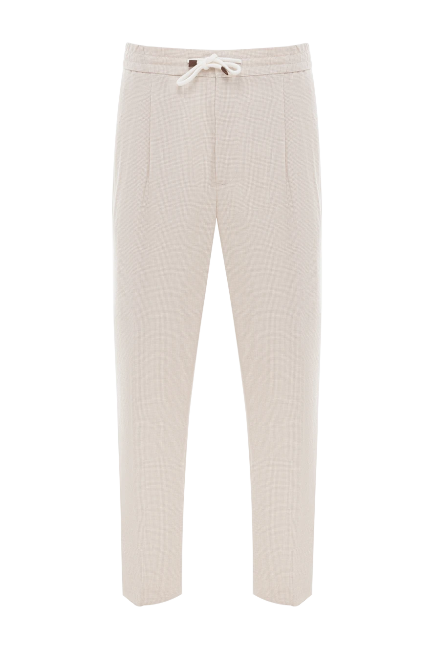 Brunello Cucinelli бежевые брюки с защипами из льна и шерсти в мелкую клетку на завязке 188792 - фото 1
