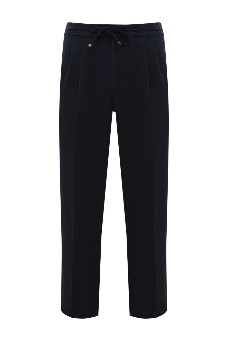 Brunello Cucinelli men's navy blue linen cotton drawstring trousers with pleats 188794 - photo 1