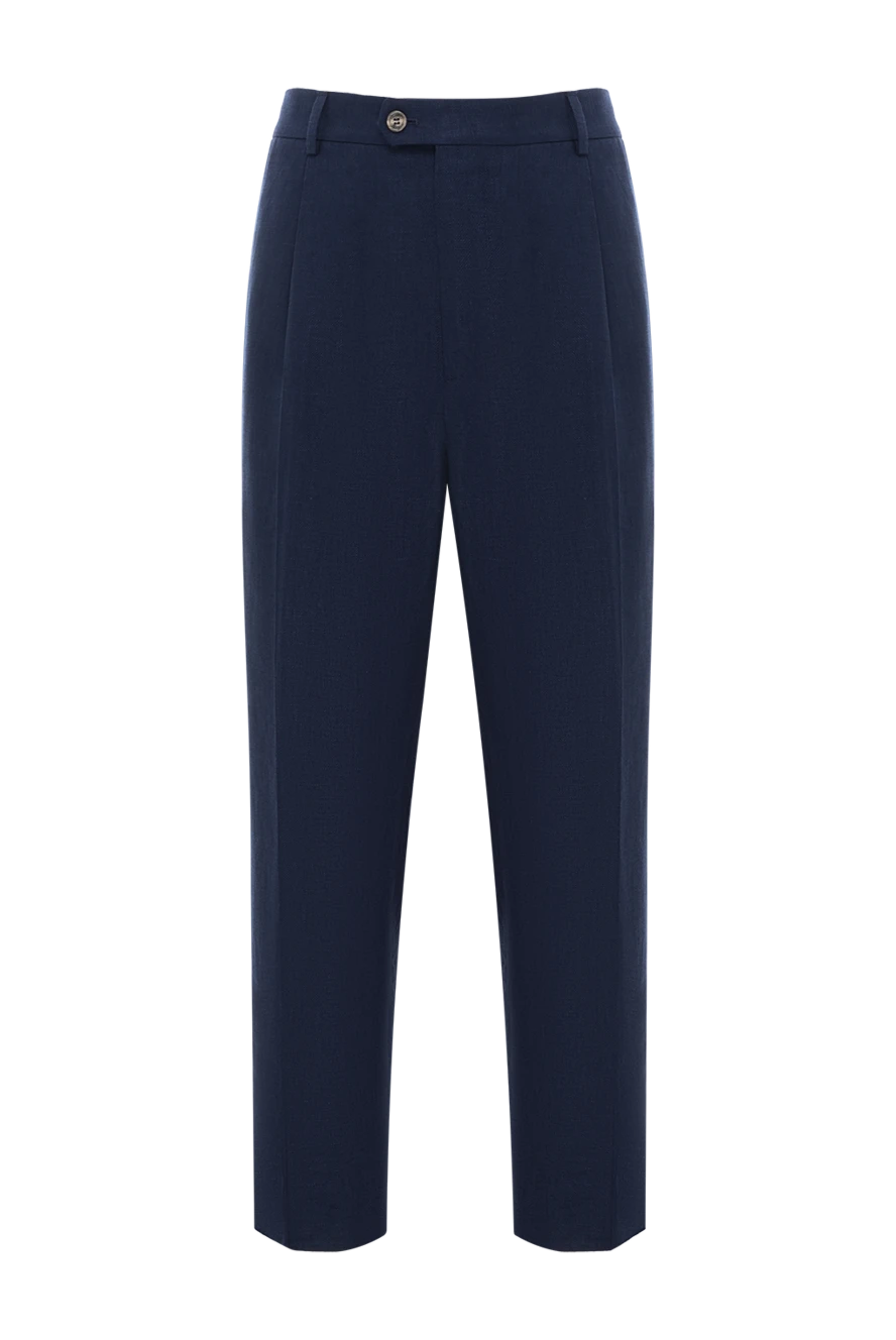 Brunello Cucinelli синие мужские брюки с защипами из льна шерсти и шелка 188800 - фото 1