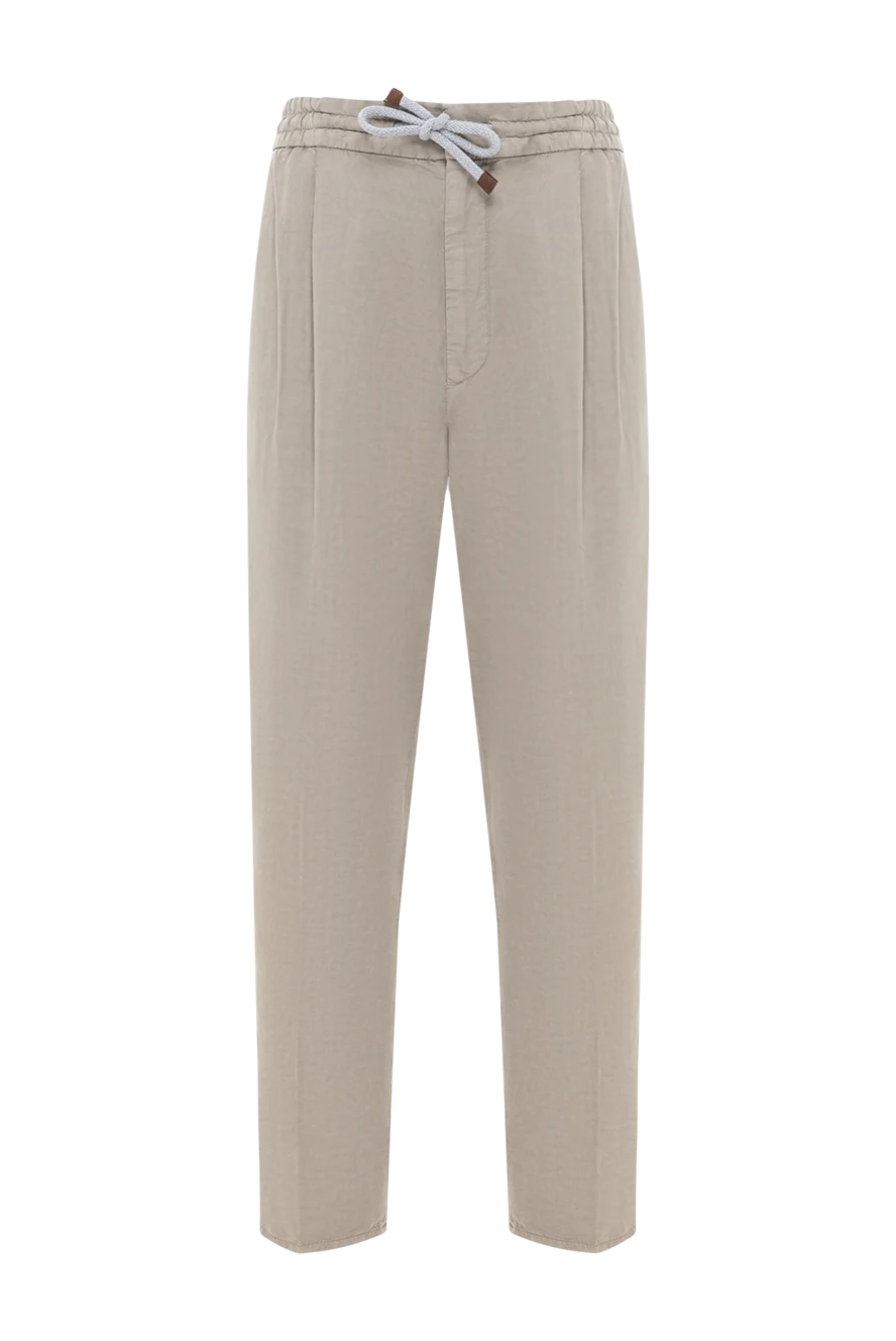 Brunello Cucinelli серо-зеленые брюки с защипами из льна и хлопка на завязке 188805 - фото 1