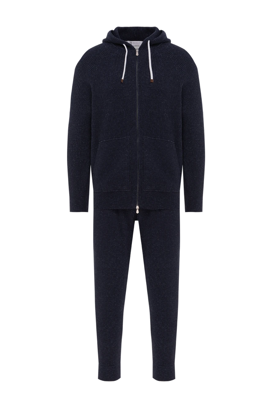 Brunello Cucinelli синий спортивный костюм в рубчик из хлопка и льна с капюшоном 188826 - фото 1