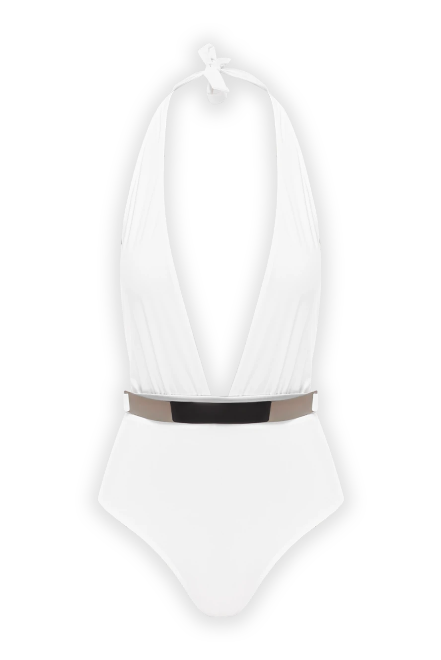 Moeva белый слитный купальник с глубоким вырезом и контрастным поясом 188967 - фото 1