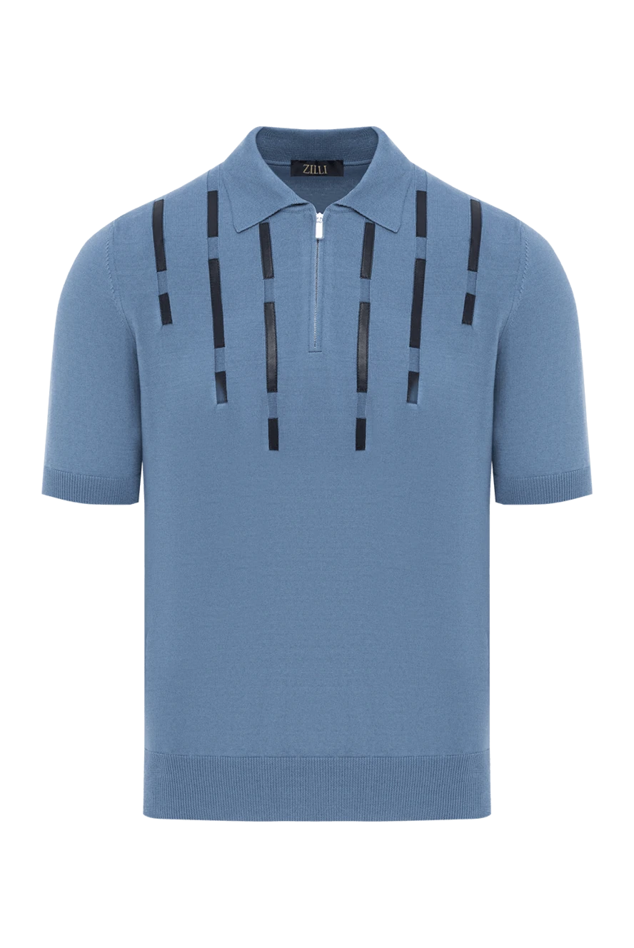 Zilli голубое мужское поло из хлопка и шелка с кожаными деталями 189019 - фото 1