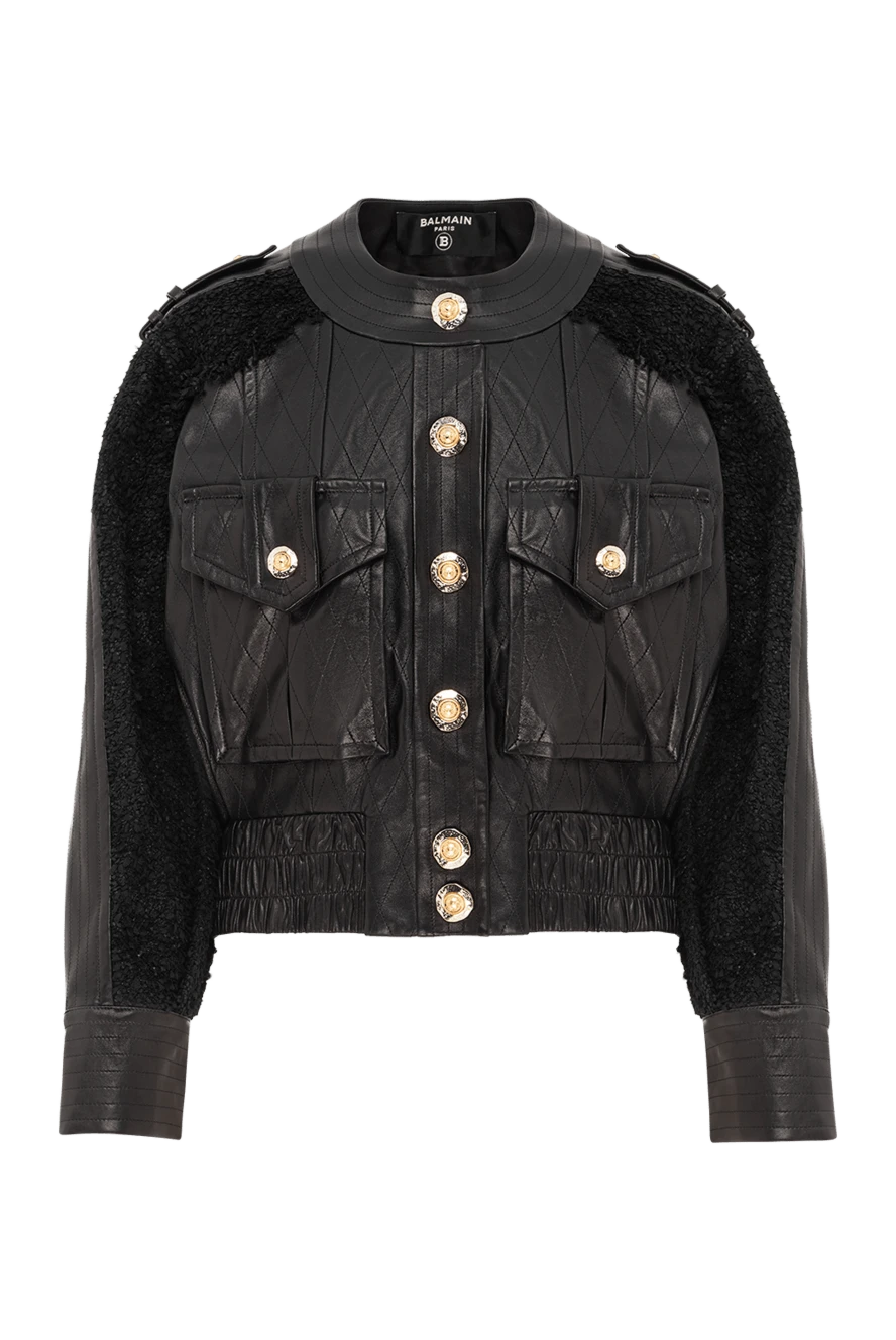 Balmain женская куртка-бомбер из кожи ягненка и твида черного цвета 189957 - фото 1