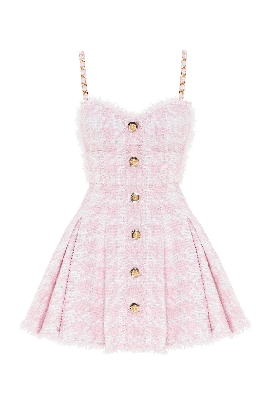 Balmain платье а-силуэта розовое из твида с узором «гусиная лапка» и бретельками 189958 - фото 1