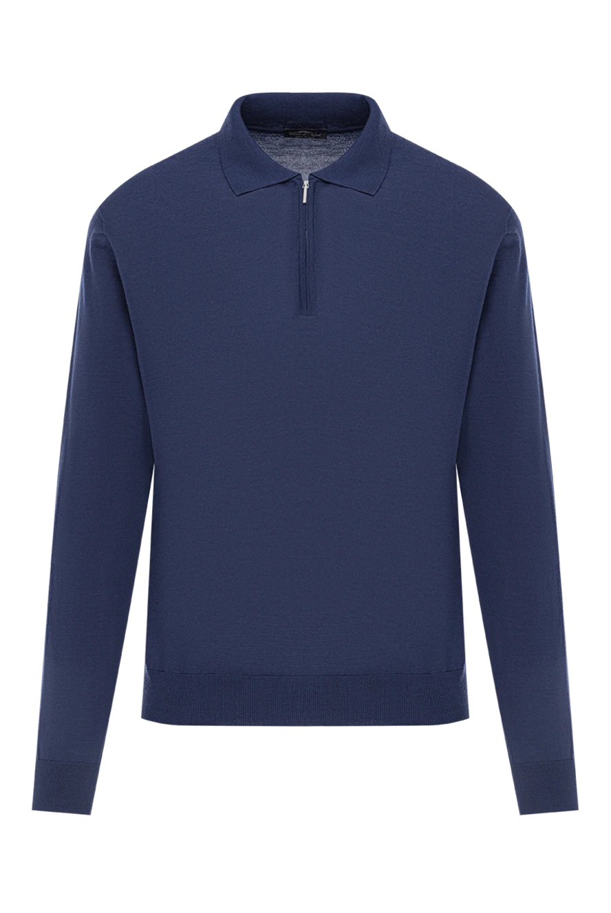 Cesare di Napoli синее трикотажное поло из шерсти с длинными рукавами и молнией 190418 - фото 1
