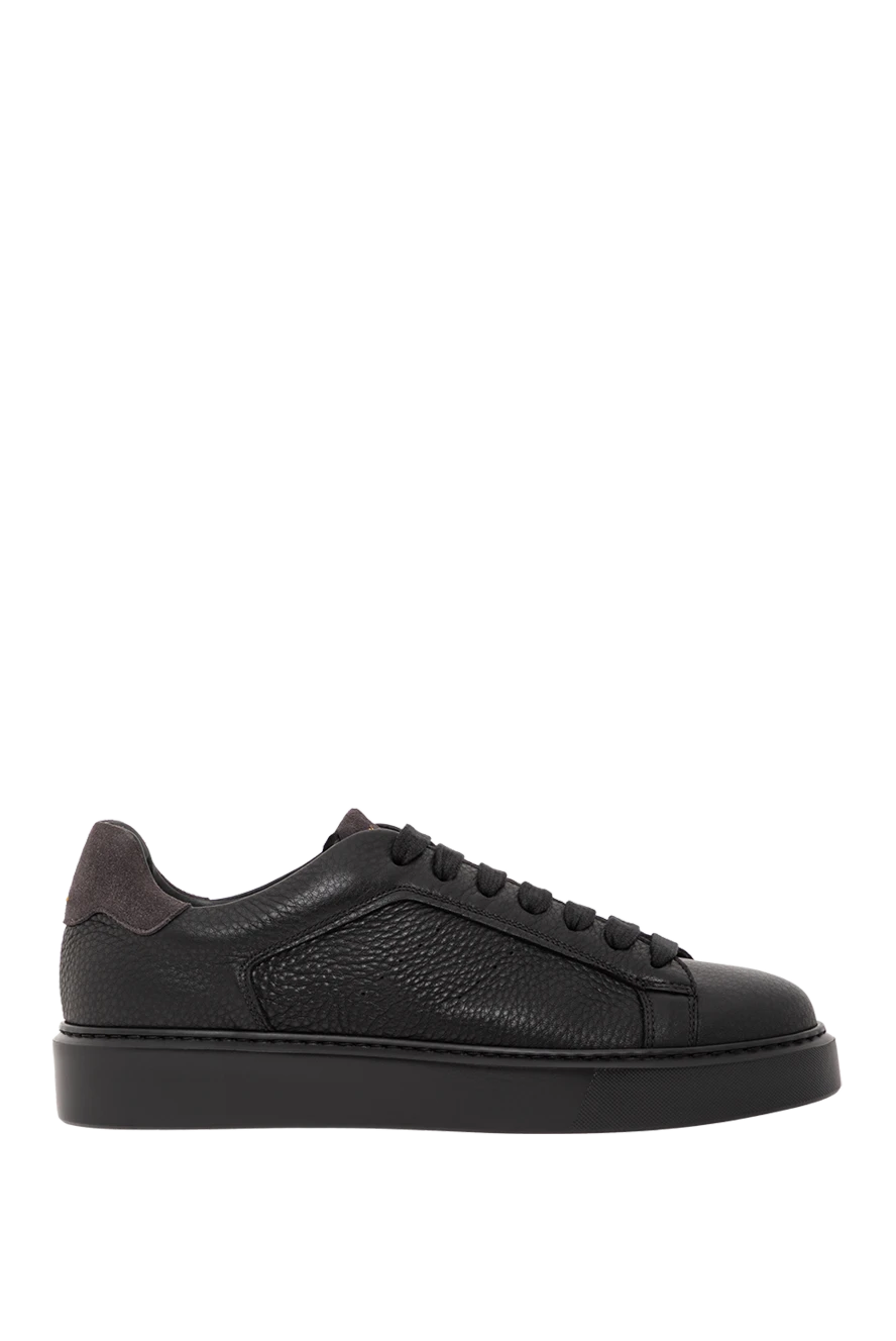 Doucal`s қара былғарыдан жасалған, текстуралы беті бар минималистік кроссовкалар 190885 - фото 1