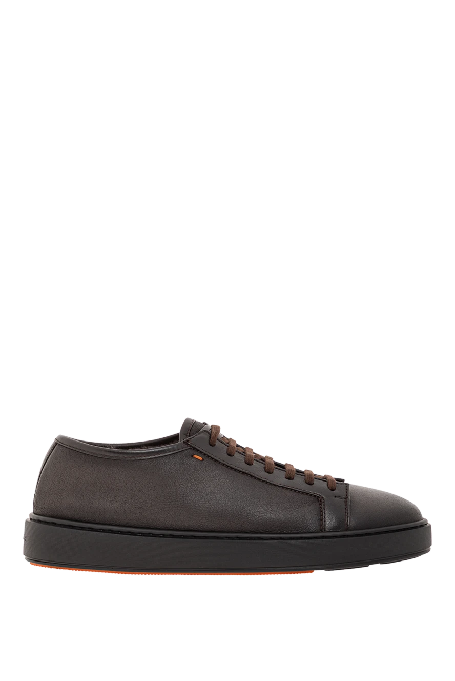 Santoni мужские кожаные кроссовки с мехом внутри и минималистичным дизайном коричневые 191288 - фото 1