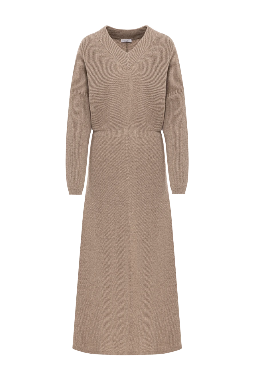 Brunello Cucinelli модное кашемировое платье бежевого цвета с длинными рукавами и поясом 191338 - фото 1
