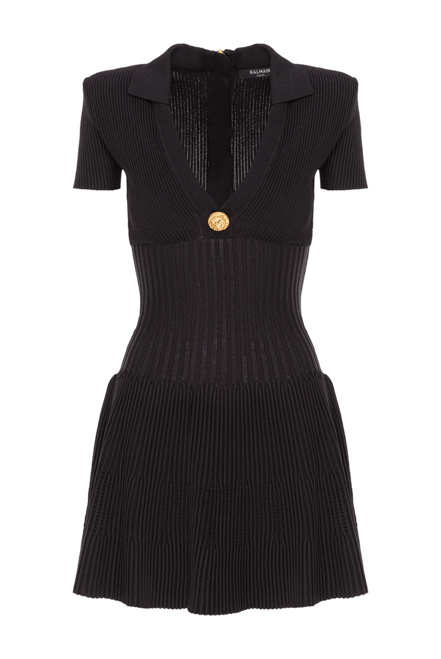 Balmain черное трикотажное мини-платье в рубчик с v-образным вырезом 192258 - фото 1
