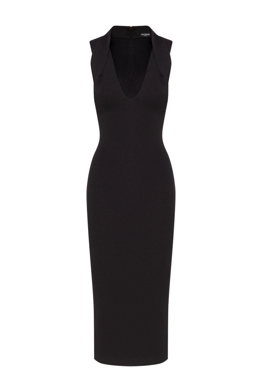 Balmain v-тәрізді жағасы және төмен қарай бүктелетін жағасы бар қара түсті, денеге жабысып тұратын миди көйлек 192259 - фото 1