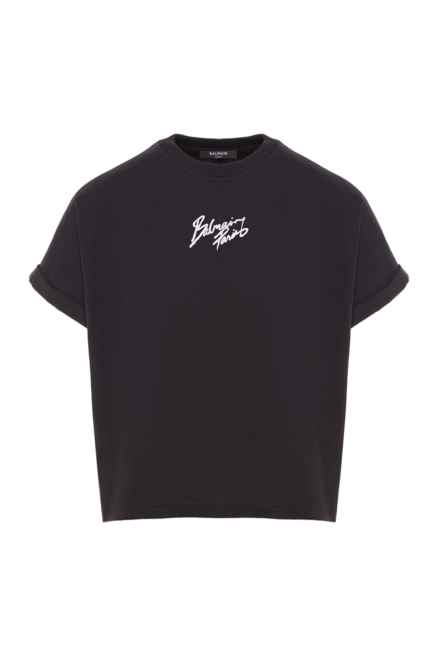 Balmain логотипі және жеңдері бар қара түсті қысқа футболка 192271 - фото 1