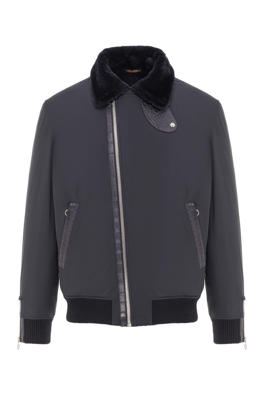 Seraphin мужская куртка-авиатор синего цвета с мехом и вставками из кожи крокодила 192368 - фото 1