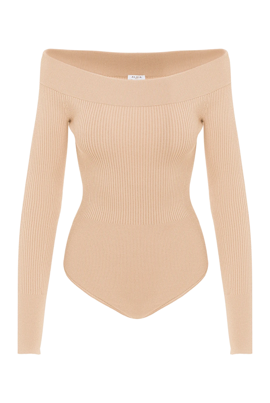 Alaia вязаное бежевое боди ребристой вязки с открытыми плечами 193011 - фото 1