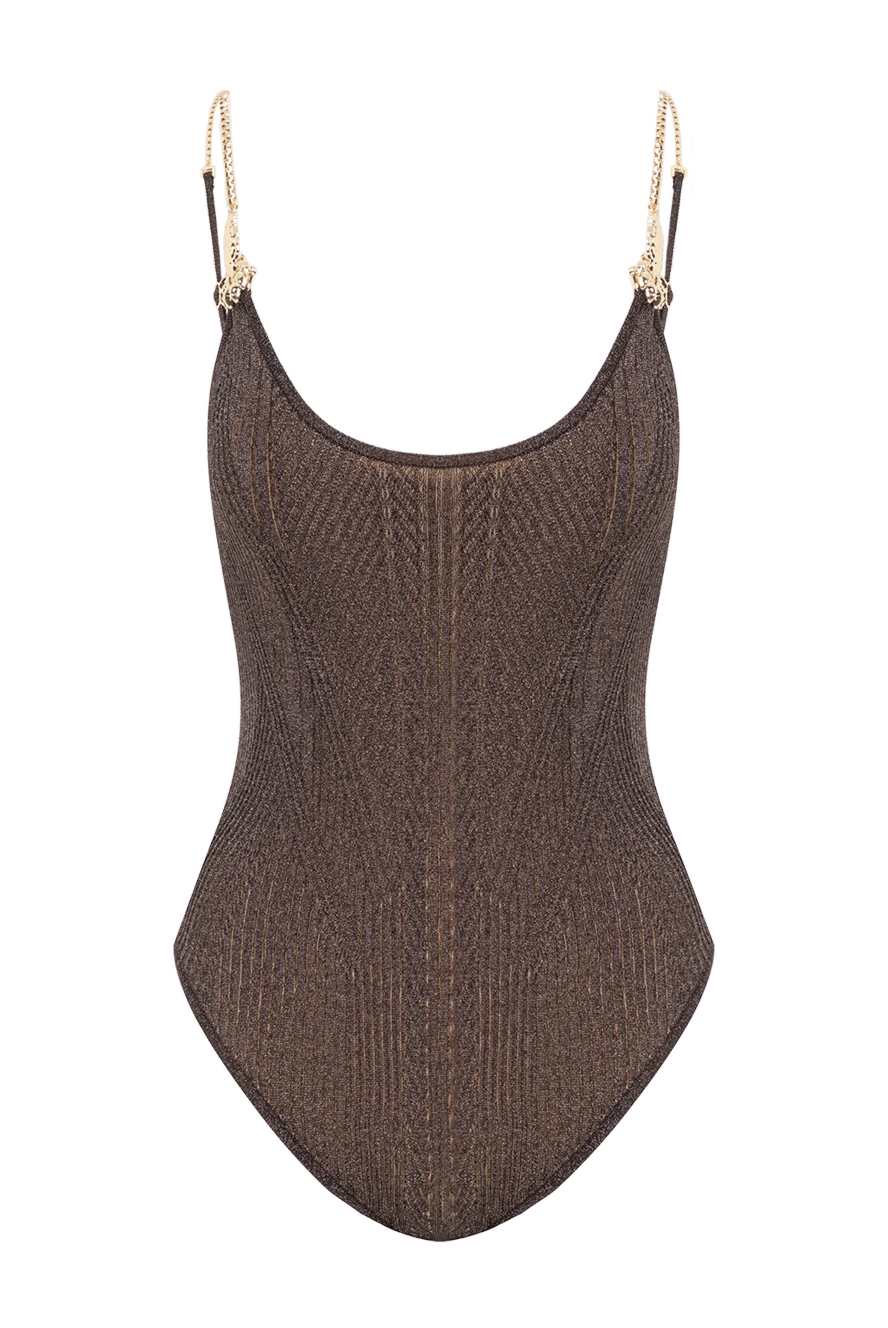 Moeva tropezia қара түсті тоқылған, алтын шынжырлы баулары бар жағасы бар купальник 193040 - фото 1