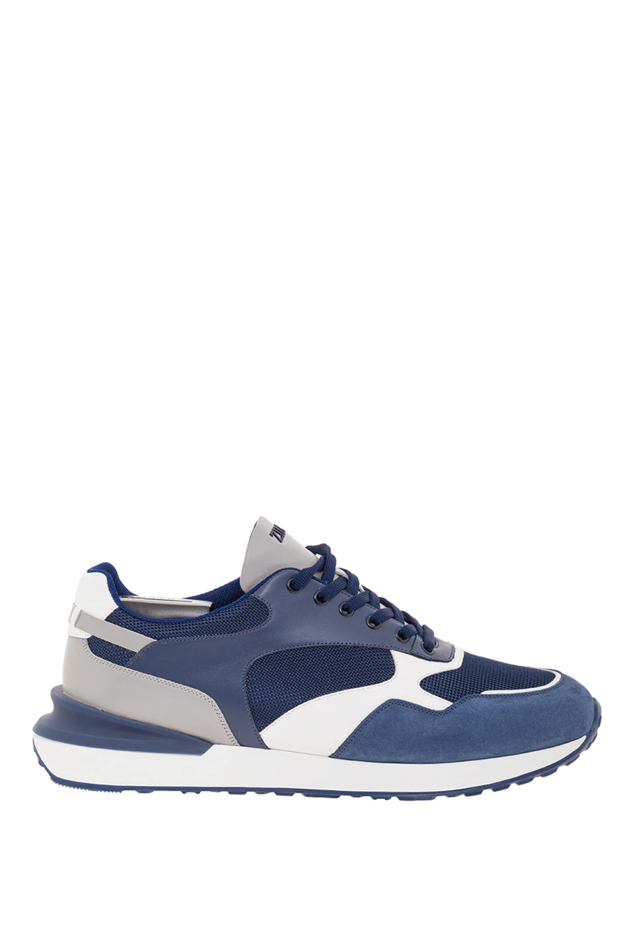 Zilli мужские комбинированные кроссовки из кожи и замши в синем цвете 193092 - фото 1