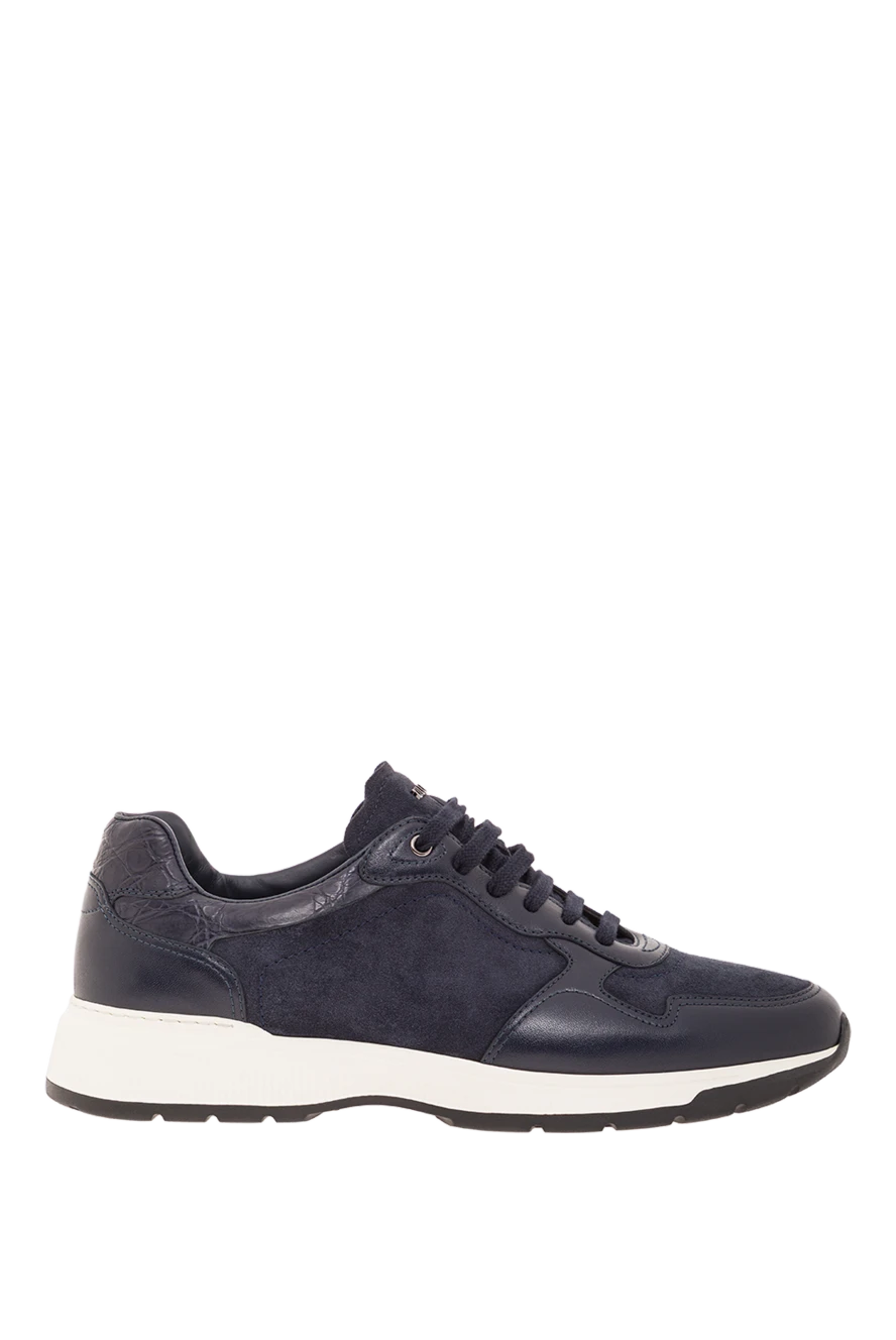 Zilli men's dark blue leather and suede sneakers with crocodile skin insert 193094 - photo 1