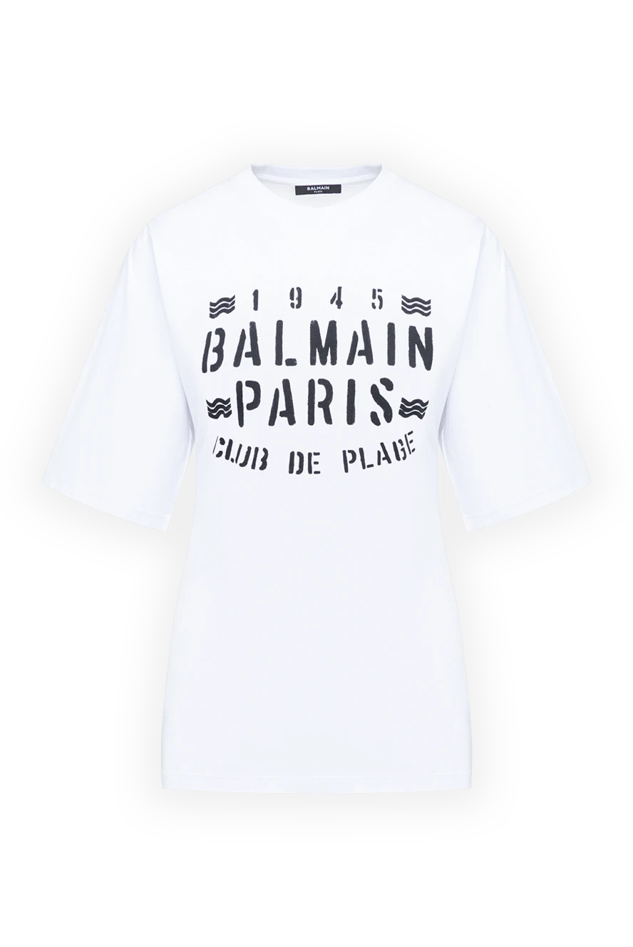Balmain контраст графикасы бар әйелдерге арналған ақ түсті классикалық ұзындықтағы футболка 194406 - фото 1