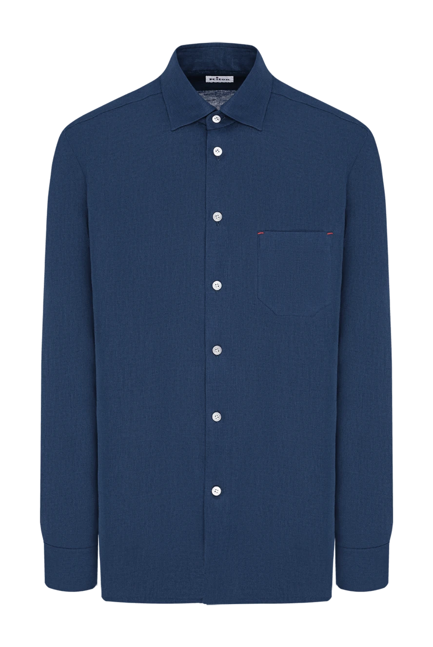 Kiton ерлерге арналған көк түсті зығыр жейде, жамау қалтасы және контрастты тігісі бар 195856 - фото 1