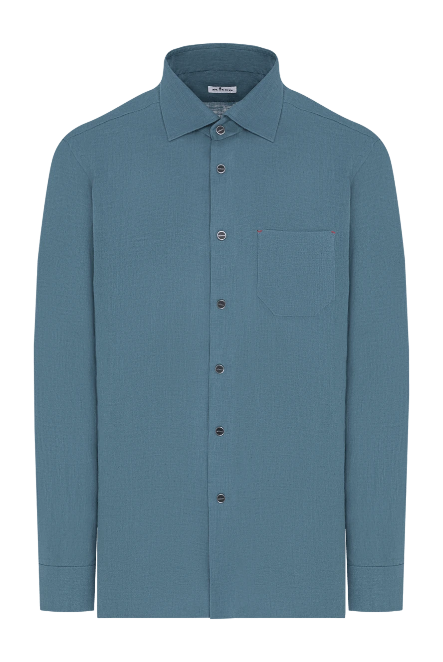 Kiton мужская серо-бирюзовая льняная рубашка прямого кроя на брендированных кнопках 195859 - фото 1